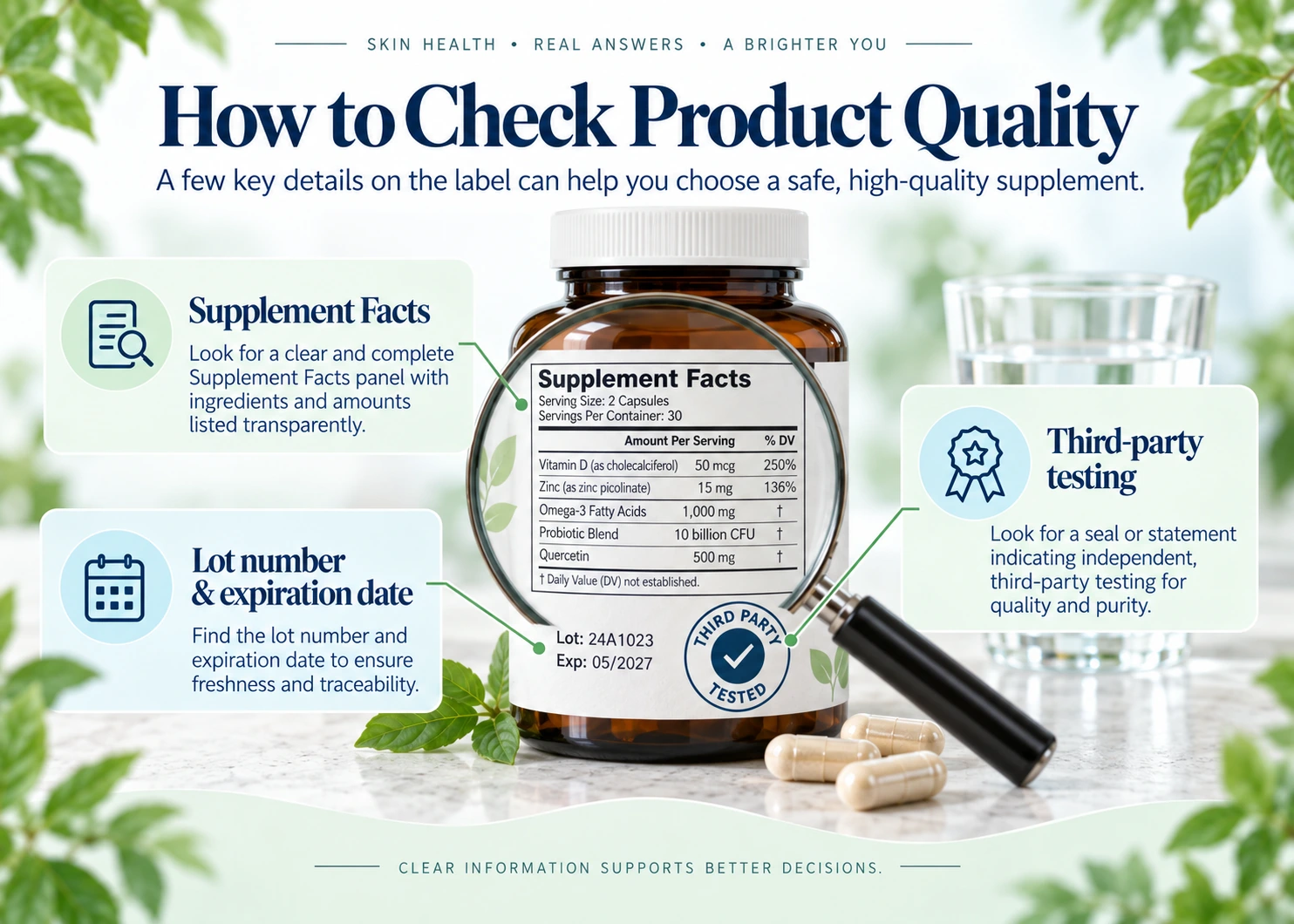 Third-party testing, ingredient label, lot number, and dose verification on a supplement package
