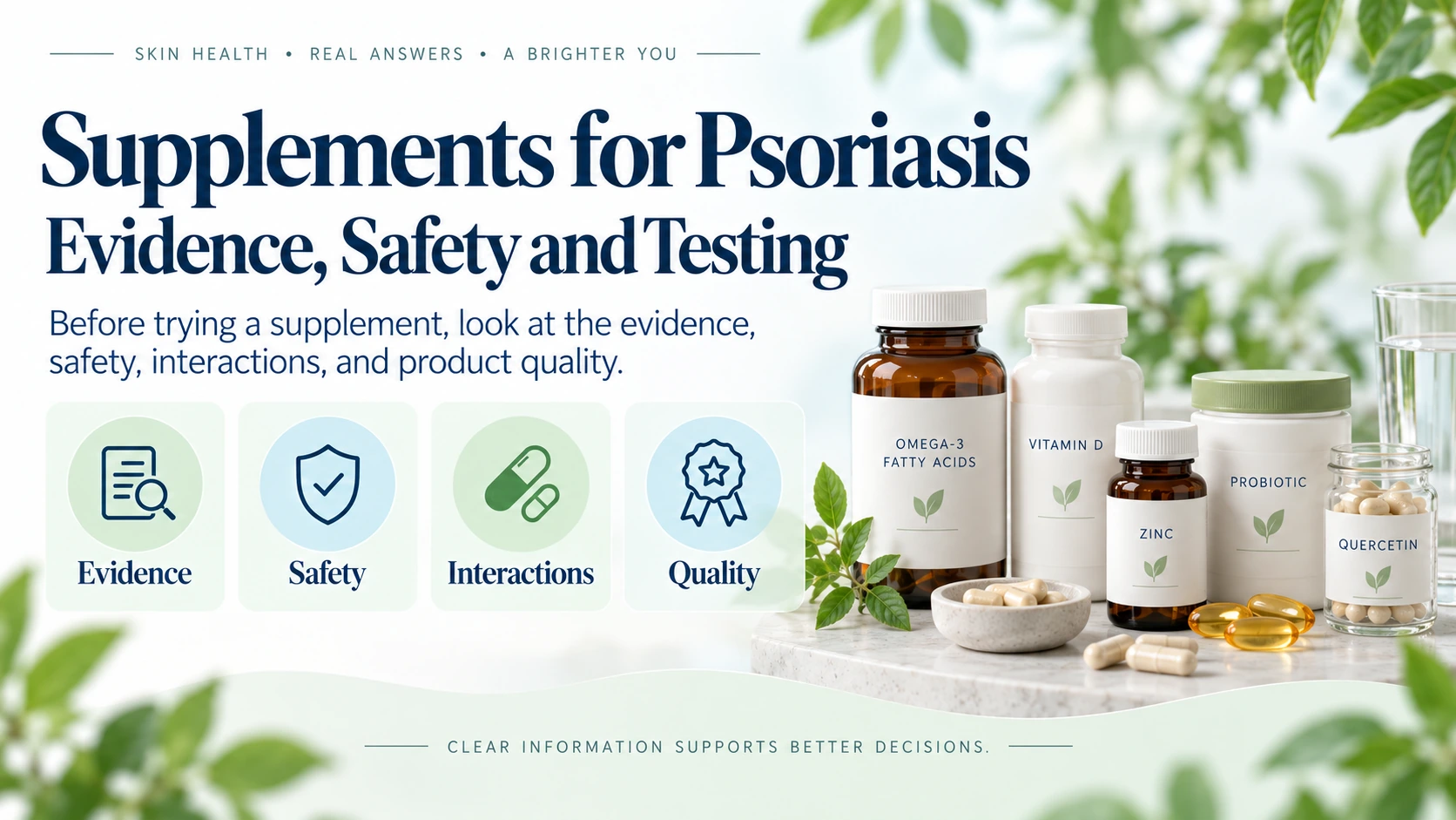 Psoriasis supplement bottles beside evidence, safety, interaction, and quality checkpoints