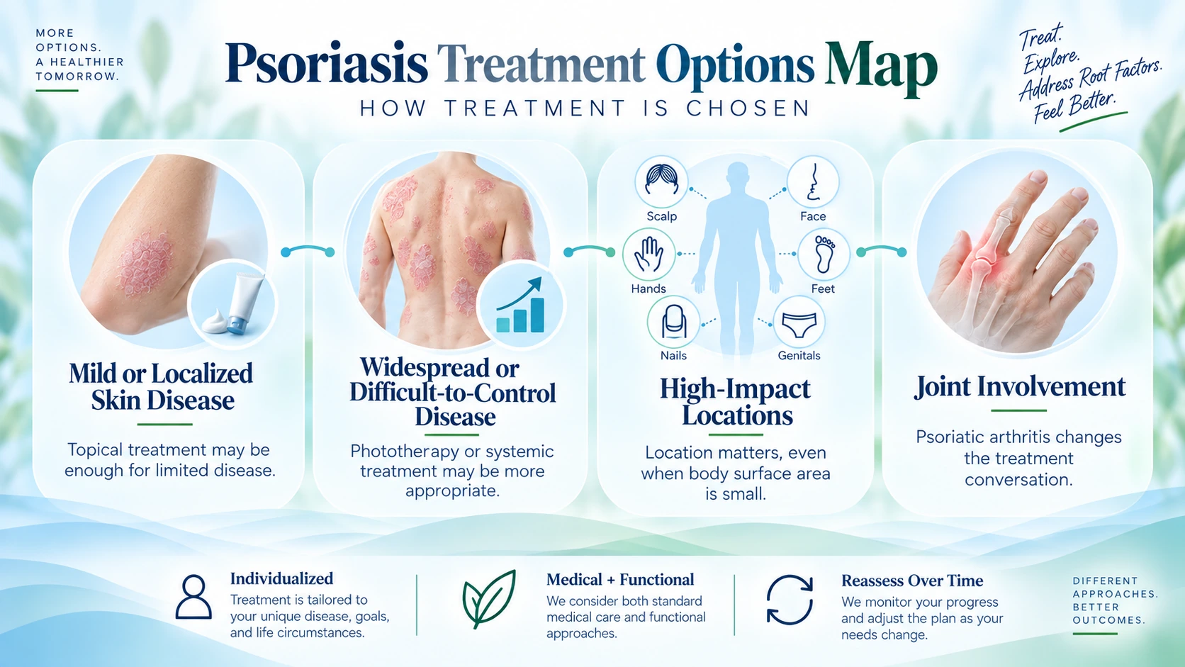 Psoriasis treatment options map showing topical treatments, phototherapy, oral systemic medications, biologics, joint involvement, and individualized treatment selection
