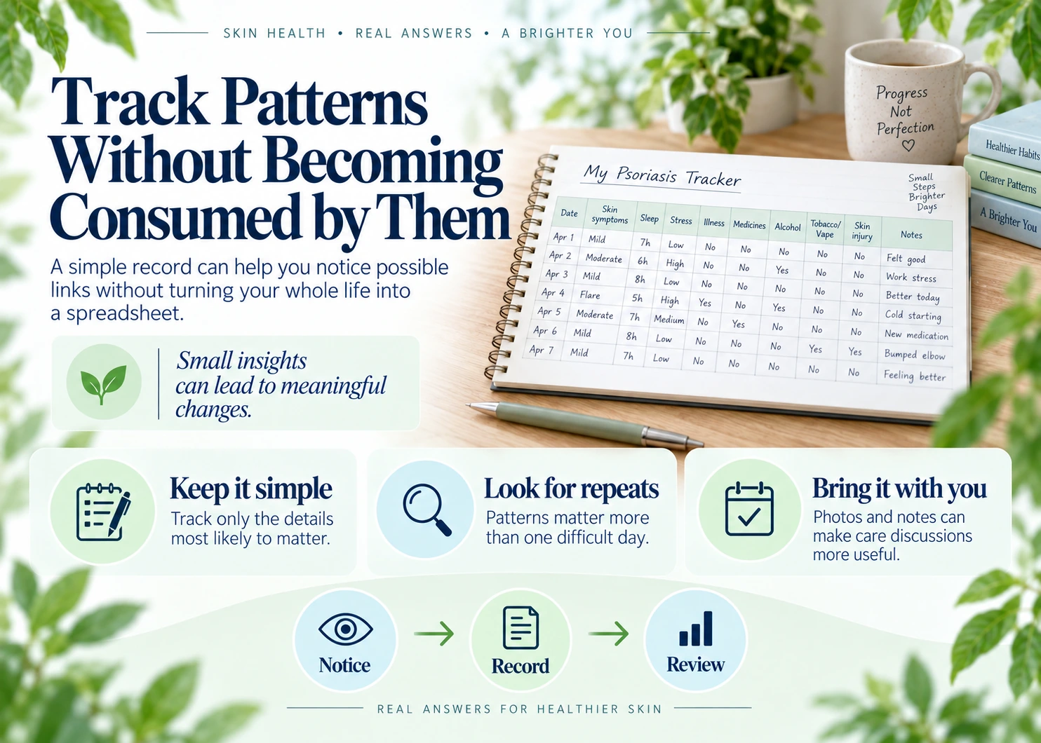 Simple psoriasis trigger diary linking dates, symptoms, sleep, stress, infection, medicines, and exposures