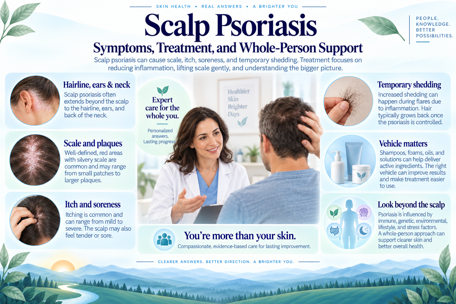 Person receiving a whole-person evaluation for scalp psoriasis