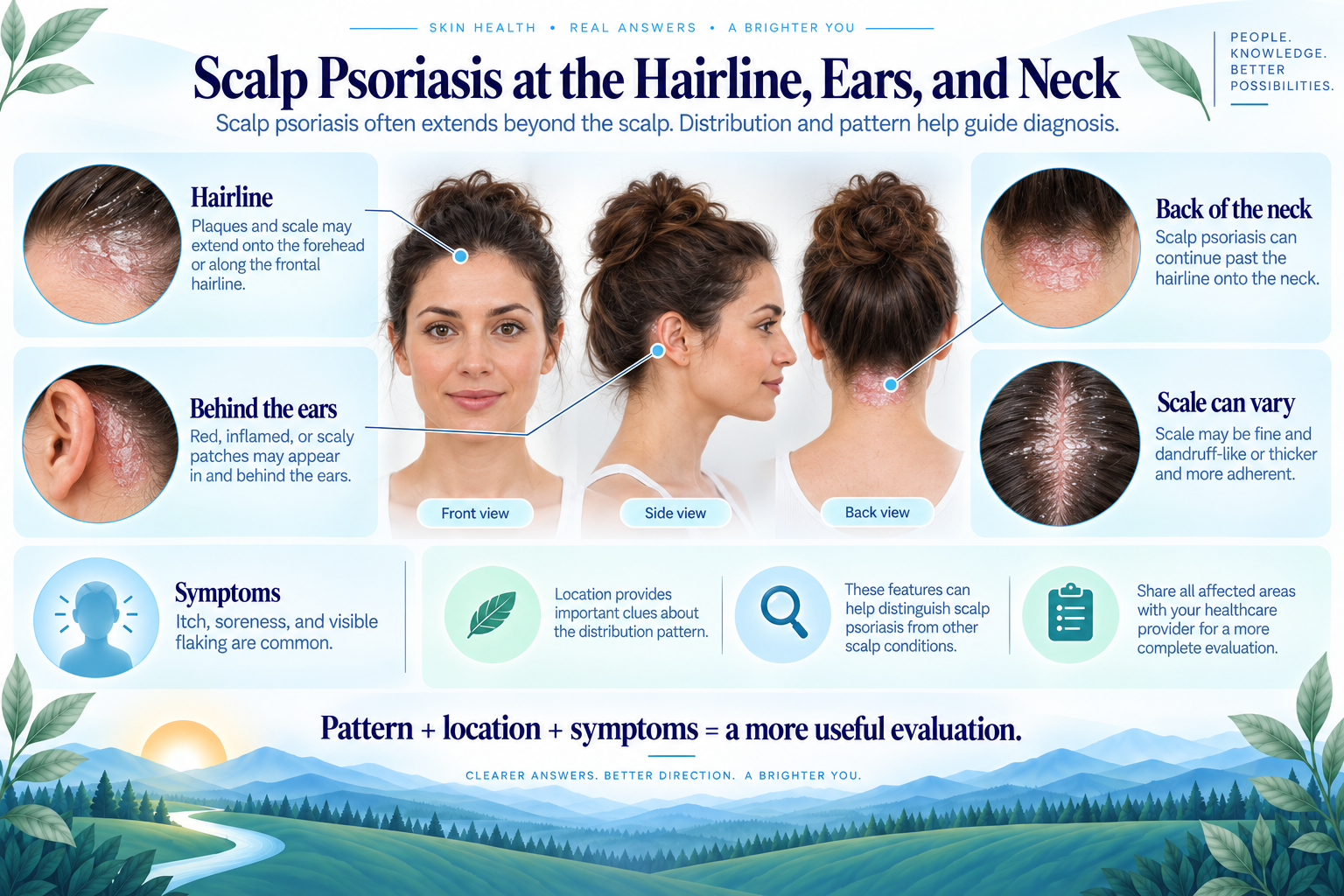 Scalp psoriasis scale at the hairline, behind the ears, and at the neck