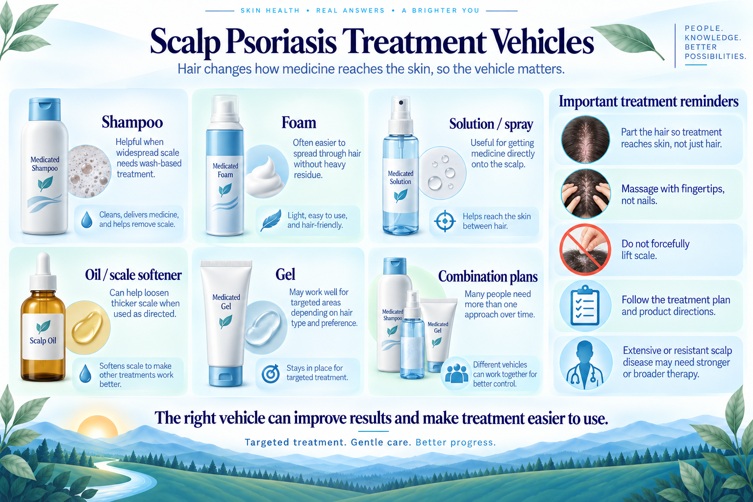 Scalp psoriasis treatment vehicles including shampoo, foam, solution, and scale softener