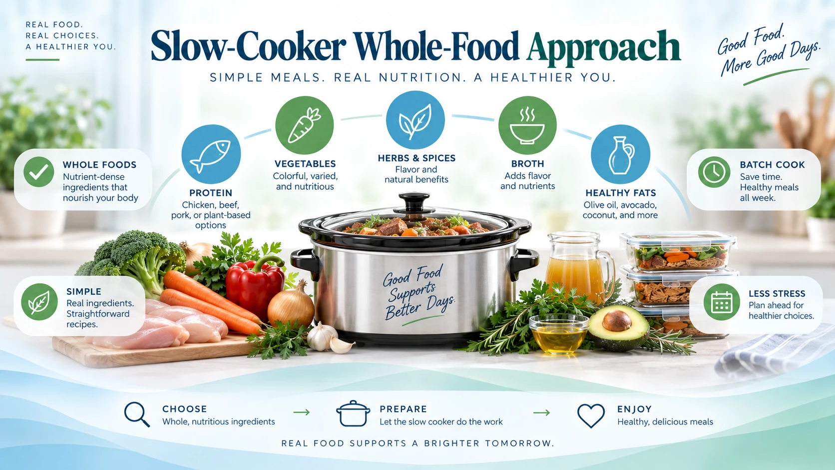 Slow-cooker whole-food meal framework for psoriasis showing protein, vegetables, herbs, broth, and simple batch cooking